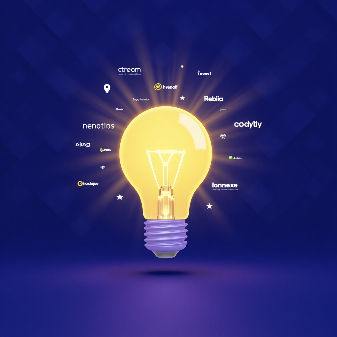 A modern illustration showing a lightbulb with brand names floating around it, representing creative brand name generation
